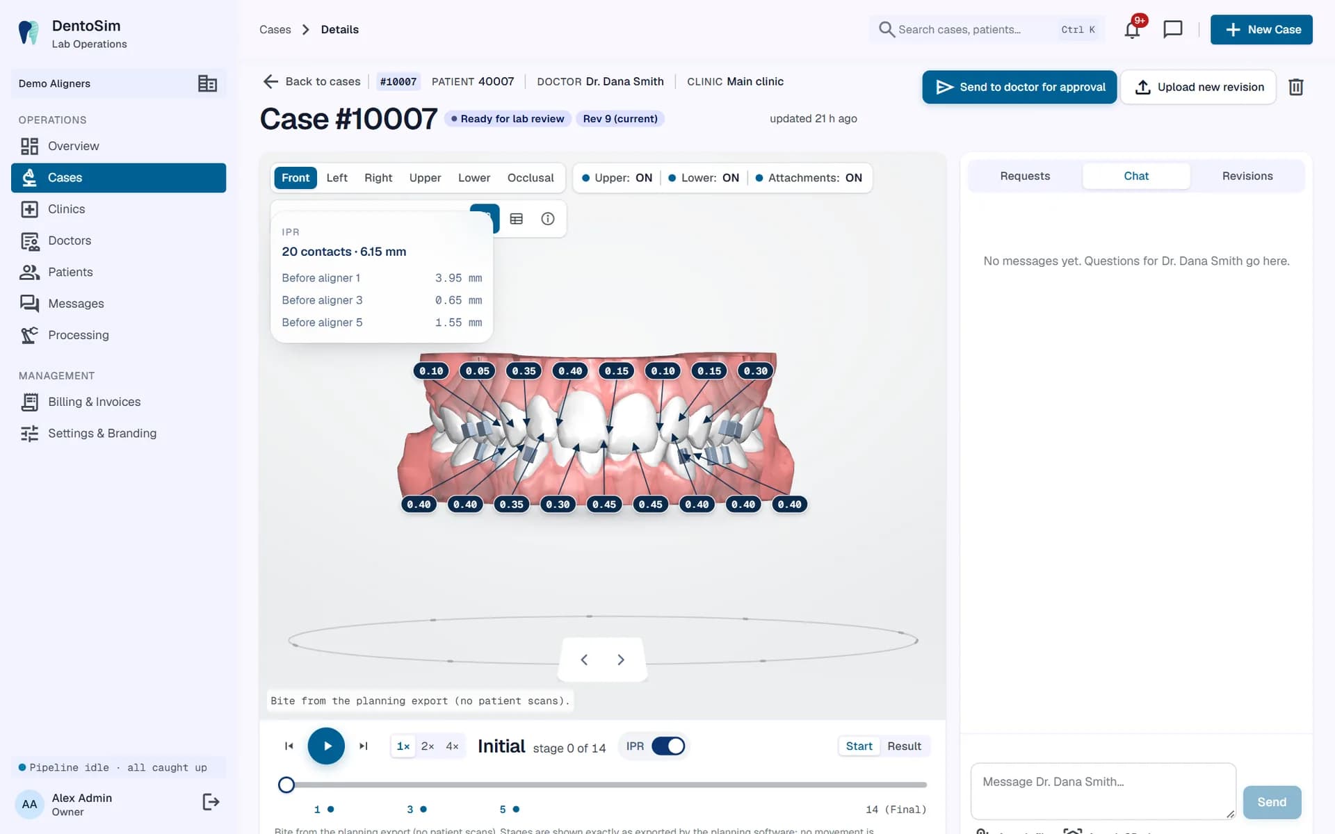 Orthodontic treatment plan viewer with IPR, playback and chat with the lab